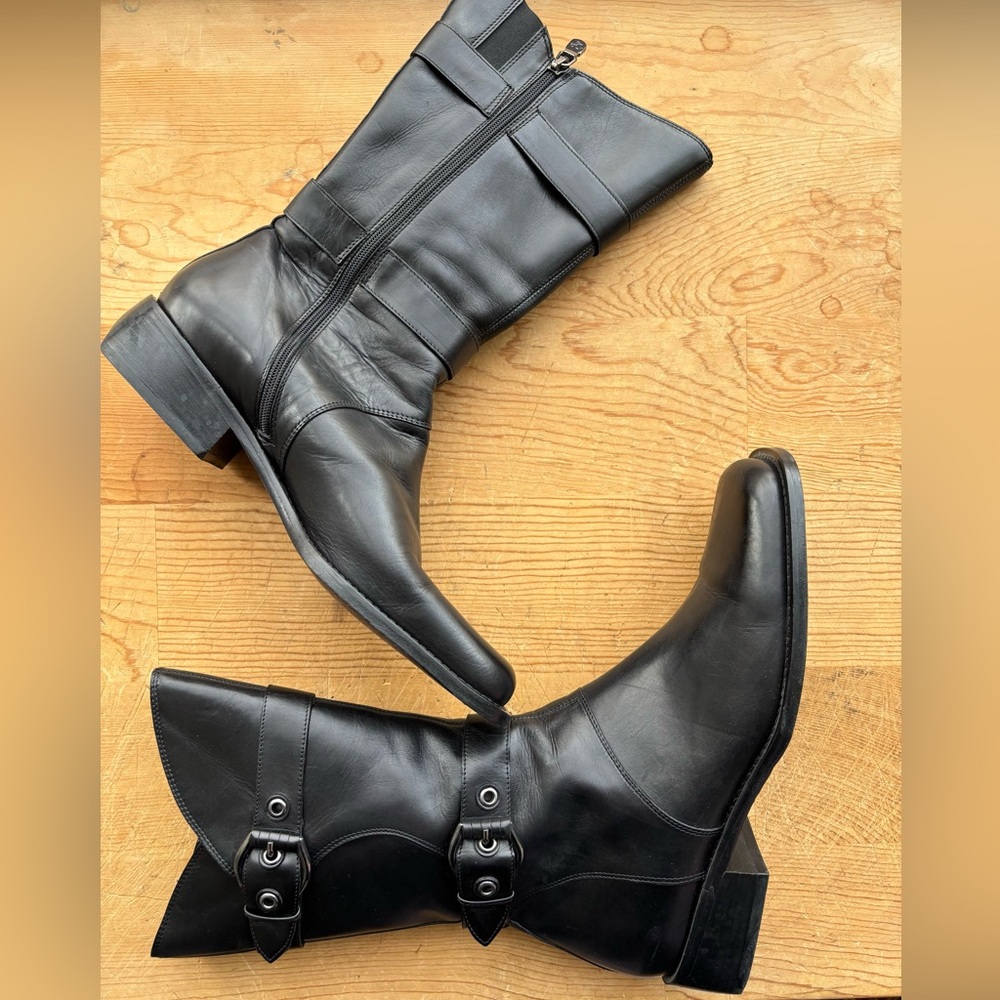Donald J. Pliner Black Leather boots riding equestrian buckle zip western 9M